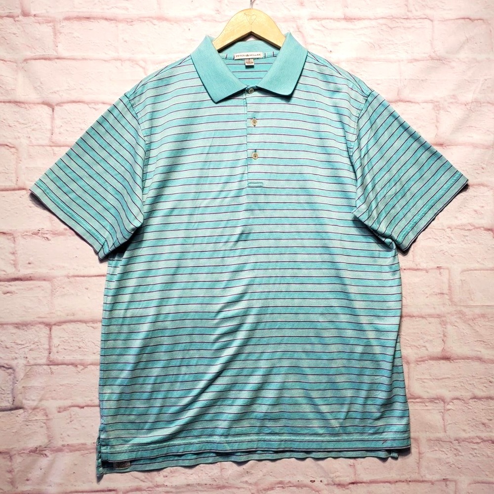 Peter Millar Polo Shirt Mens Large Blue Striped 100% Cotton Golf‎ Short Sleeve